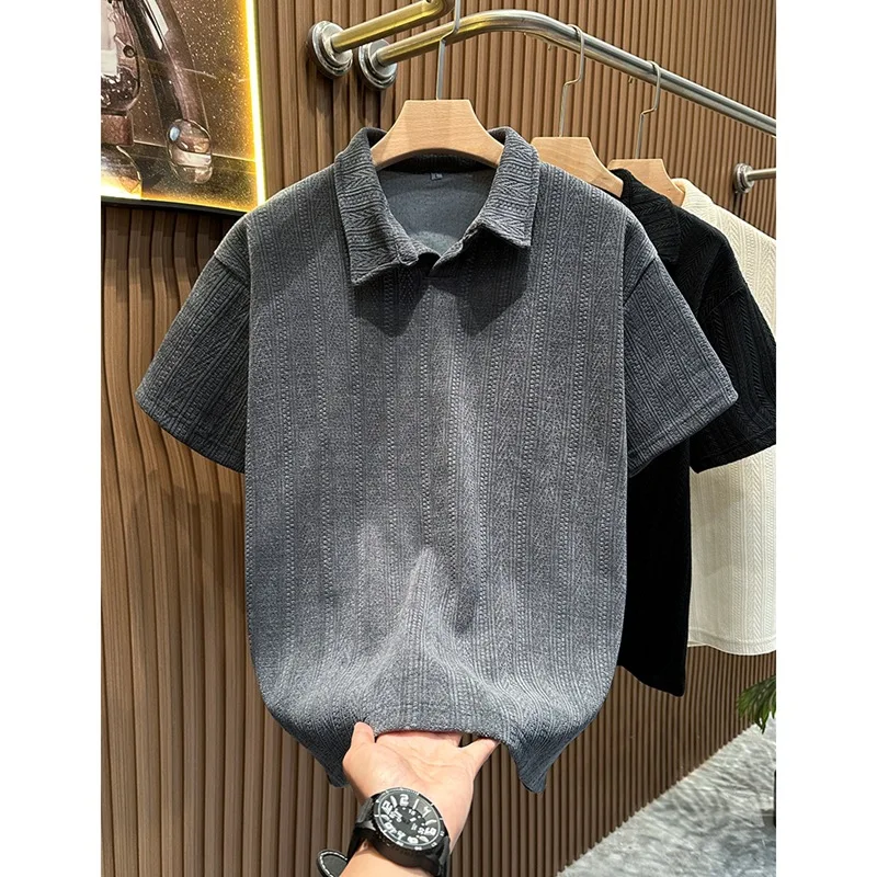 Texture Wheat Ear Pattern Short Sleeve Men's Summer American Heavy Trend Men's Polo Shirt Lapel Front Shoulder T-shirt