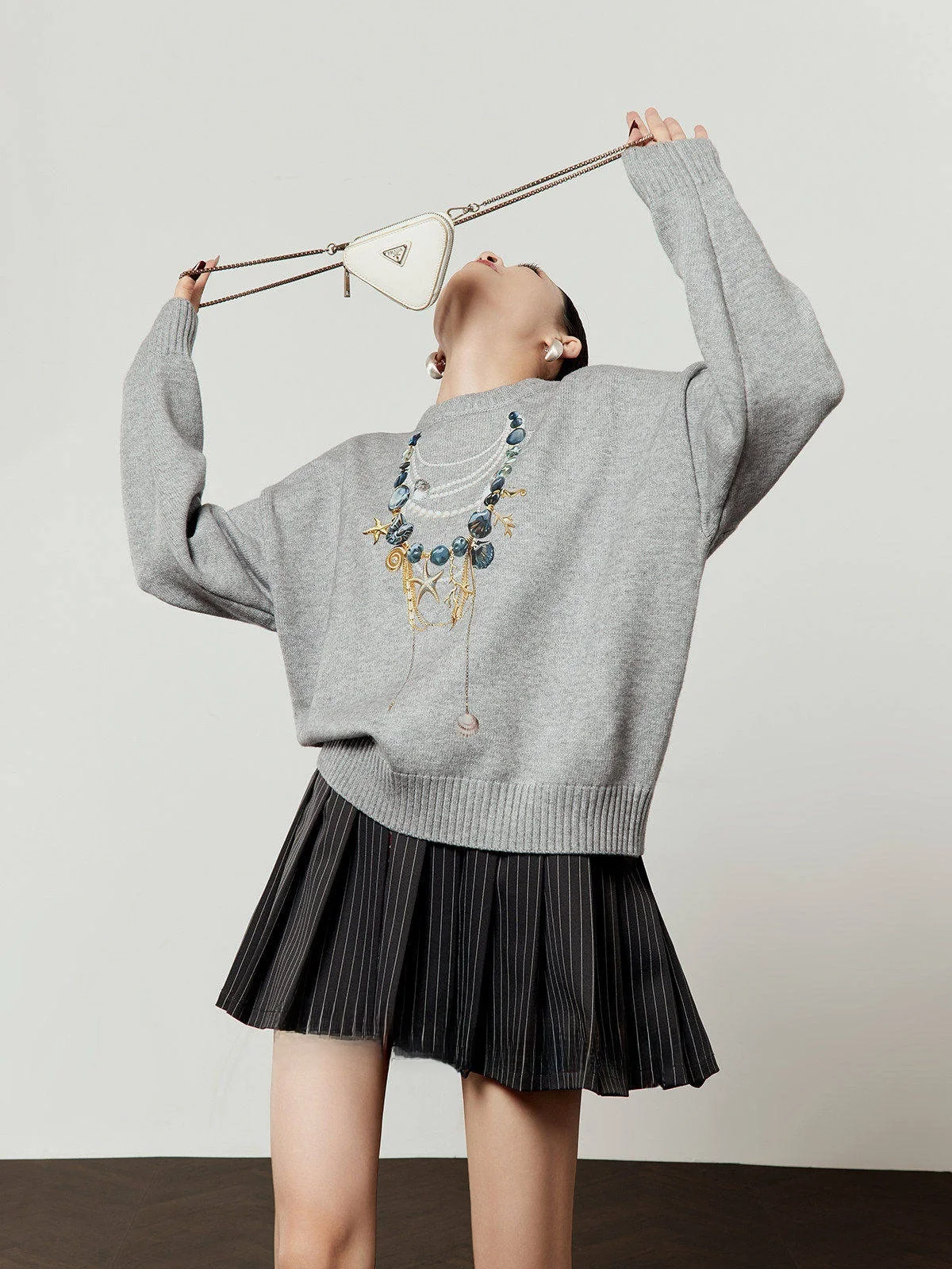 

Повседневный свободный женский вязаный свитер с цветочным принтом, весна 2026, модный свободный крой, топ с длинными рукавами