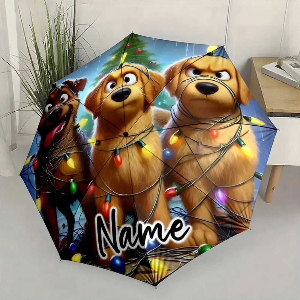 Custom Name Three dogs tangled in holiday lights holiday-themed umbrella 8Iron Ribs Folding Umbrella Auto-Open Fashion Sunshade