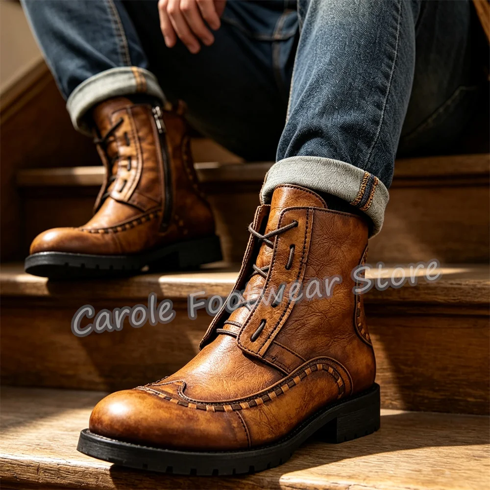 Sewing Design Genuine Leather Male Ankle Boots Retro Distressed Zipper High Top Lace-Up Boots Outdoor Casual Motorcycle Boots