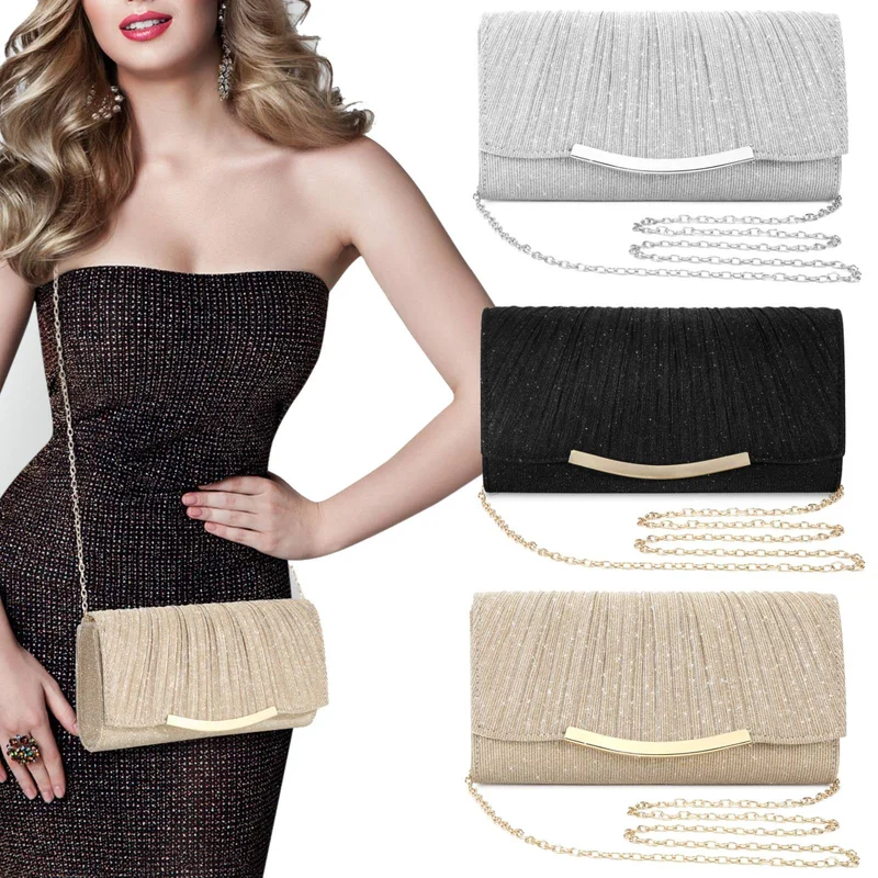 

Evening Clutch Bags Fashion Women Elegant Silver Gold Shiny Handbag Wedding Party Long Purses Banquet Clutch Purses Shoulder Bag