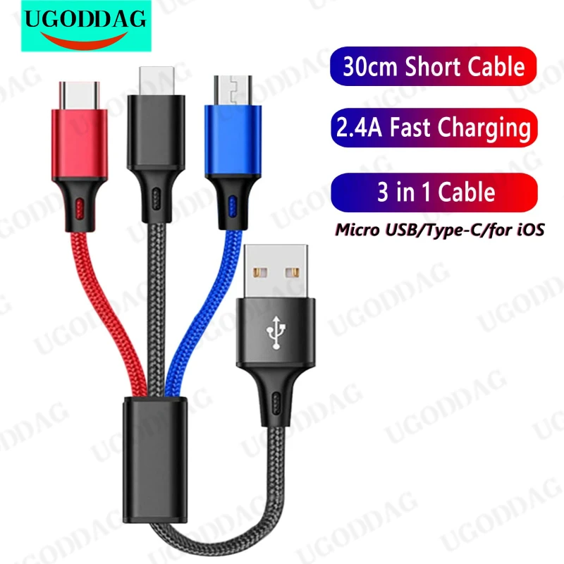 Cabo de carregamento rápido para iPhone, Xiaomi, Huawei, Micro USB, Tipo C Cabo do carregador, Porta USB múltipla, 3 em 1, 30cm