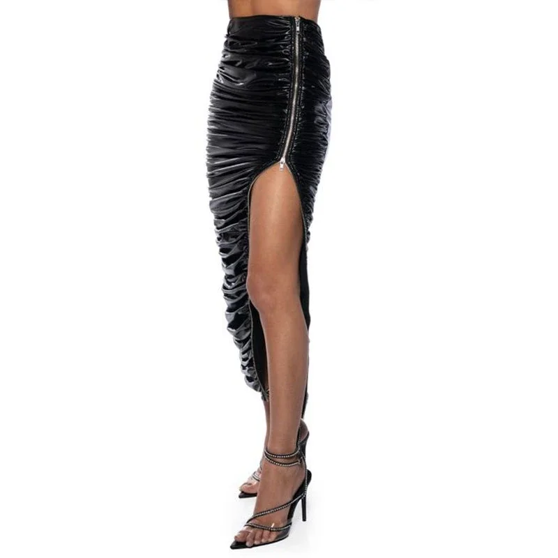 

Women's High Waist Faux Leather Fold Skirts, Midi Pencil Fashion, Black PU Slim Skirt, Side Opening Zipper, Custom Stretch Sexy