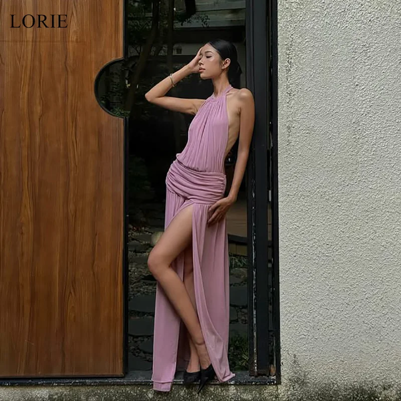 

LORIE сексуальные шифоновые вечерние платья без рукавов Холтер с открытой спиной и разрезом вечернее платье драпированные прямые платья для выпускного вечера по индивидуальному заказу