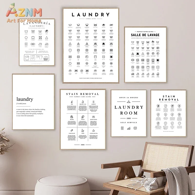 AZNM Laundry Room Care Symbol Guide Stain Removal Typography Canvas Wall Art Minimalist Funny Text Unframed Print For Washroom H