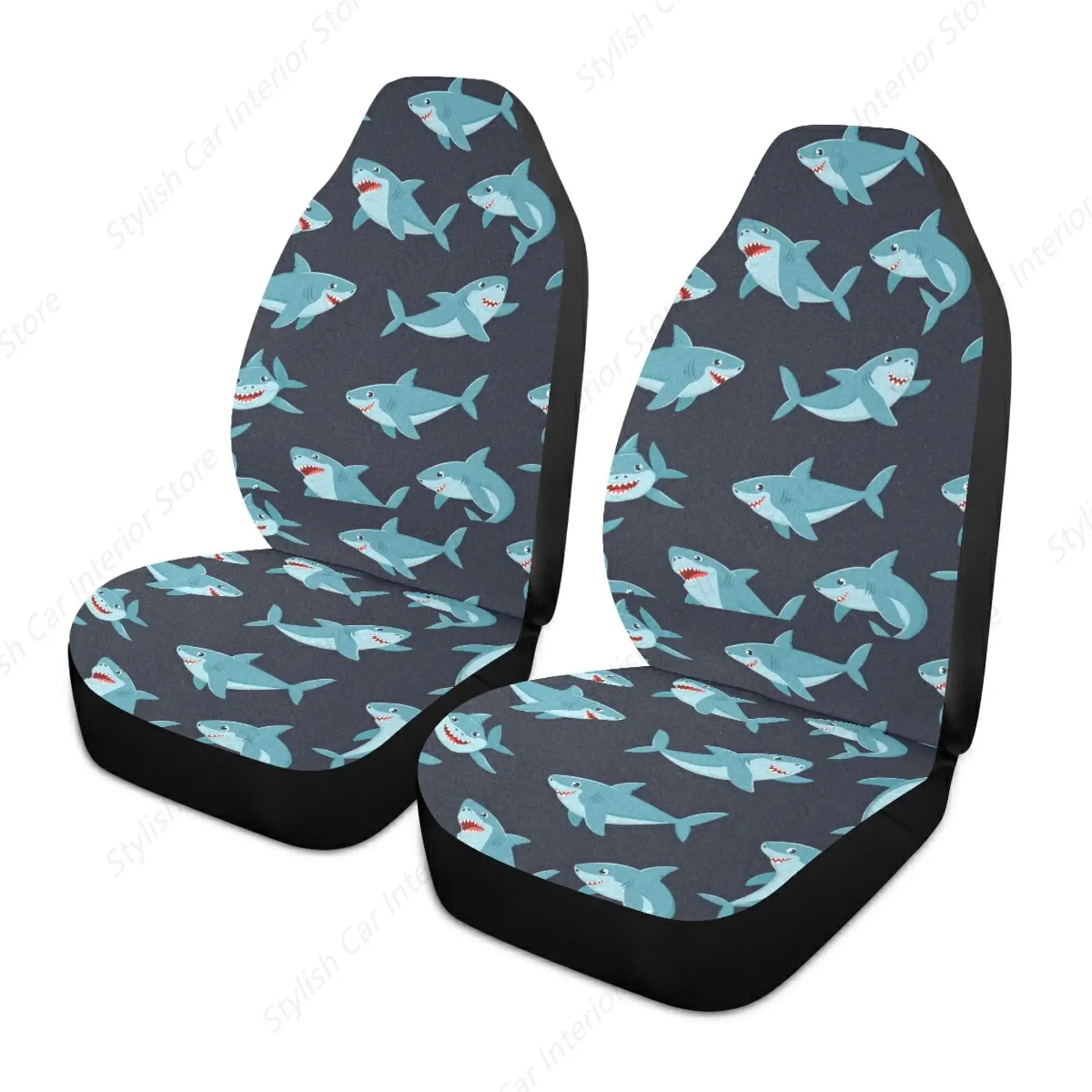 

Seamless Cartoon Ocean Blue Sharks Fishes on Dark 1PC Front Car Seat Covers Set Universal Fit for Vehicle Sedan Car
