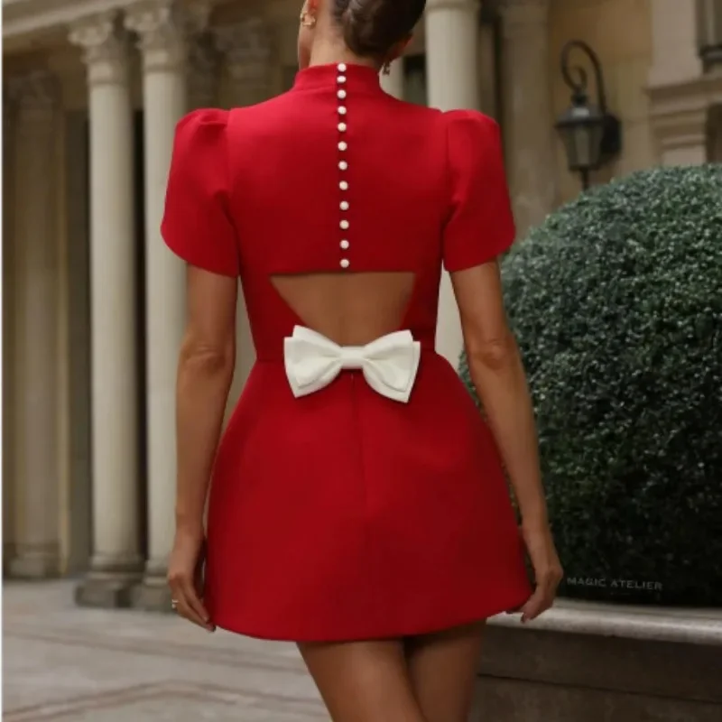 

2025 Elegant White Backless Bow Women Dress Fashion Stand Collar Short Sleeve A Line Dresses Chic Lady Party Club Evening Gowns