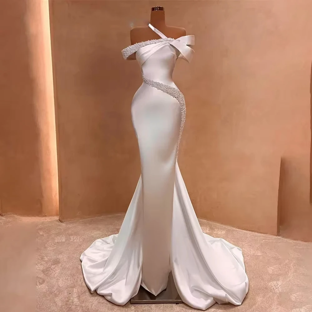 Luxury Pearls Wedding Dresses Halter Beads Satin Mermaid Gowns Luxury Fashion Off The Shoulder Pleated Women Bridal Dresses