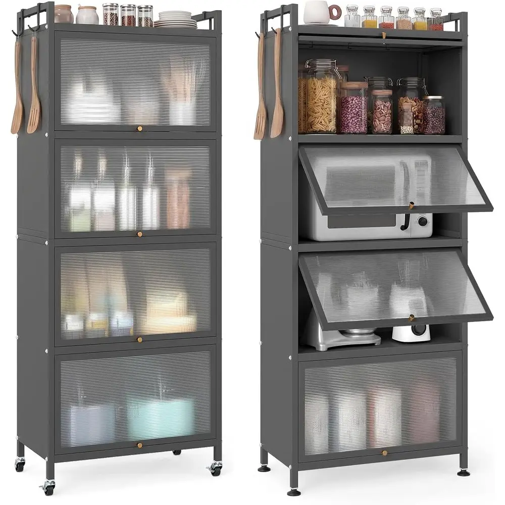 

5-Tier Metal Kitchen Pantry Cabinet with 4 Lip-Up Doors, Hooks, and Adjustable Shelves, 60 Tall, Grey