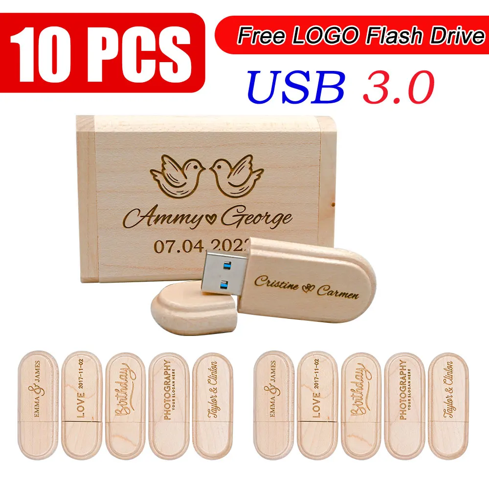 10pcs USB 3.0 Wooden Memory Stick Usb Flash Drive Pen Drive Pendrive 4GB 16GB 32GB 64GB U Disk Wedding Gift Free Custom Logo