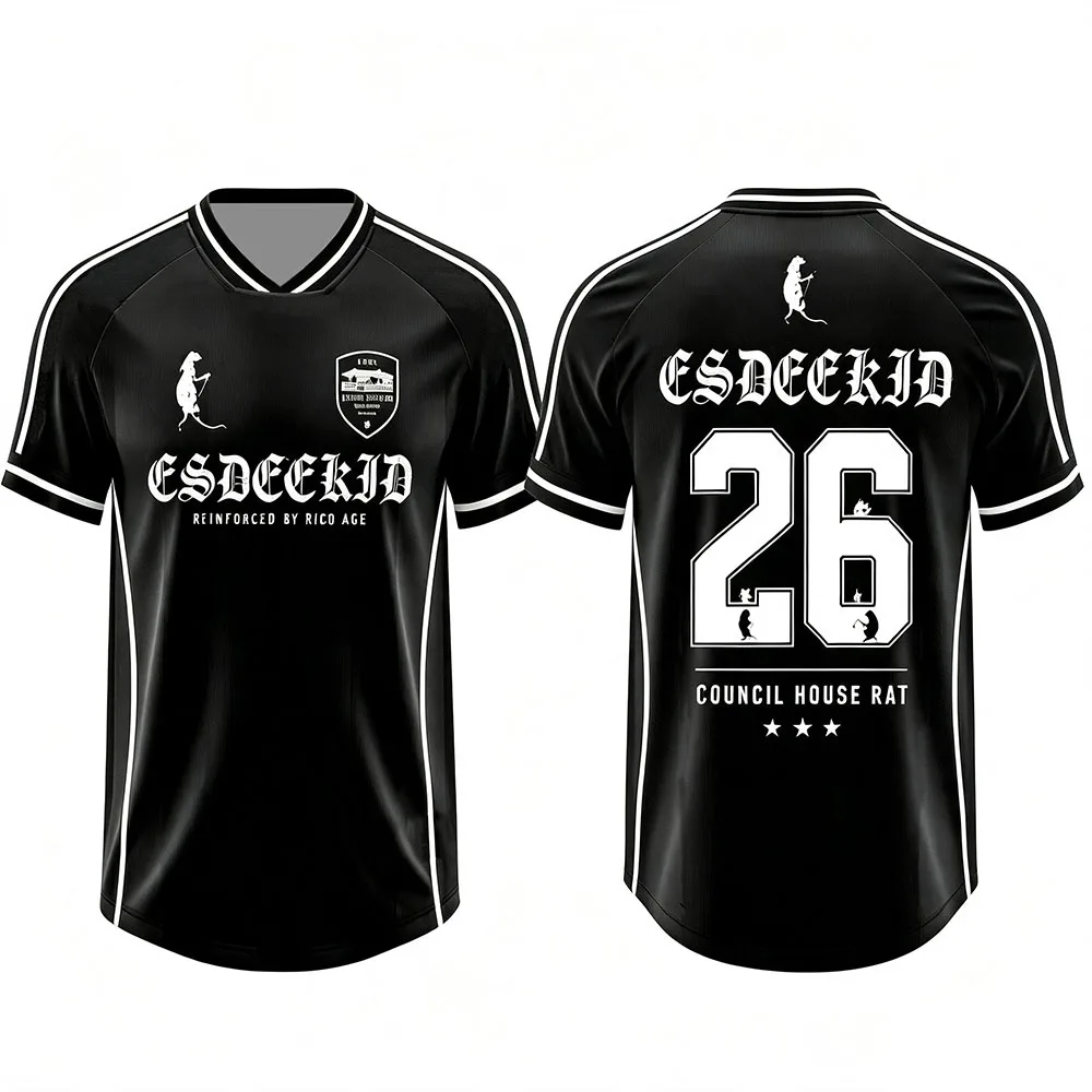 EsDeeKid COUNCIL HOUSE RAT Soccer Jersey V-neck Short Sleeve Summer Loose Football Tee Unisex Streetwear Design Print Shirt Tops