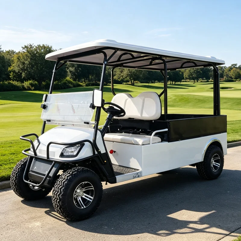 New Electric Golf Cart Featuring a Cargo Bed a Lifted Two-Seater Off-Road Electric Vehicle Designed for Both Golf and Hunting