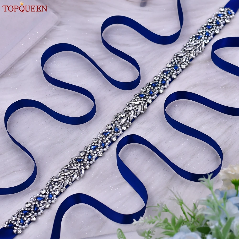 TOPQUEEN-Cinto De Noiva Para Mulheres, Faixa Azul, Acessórios Do Casamento, Decoração Da Cintura Do Vestido, Cinto Longo Da Dama De Noiva, S100-ML