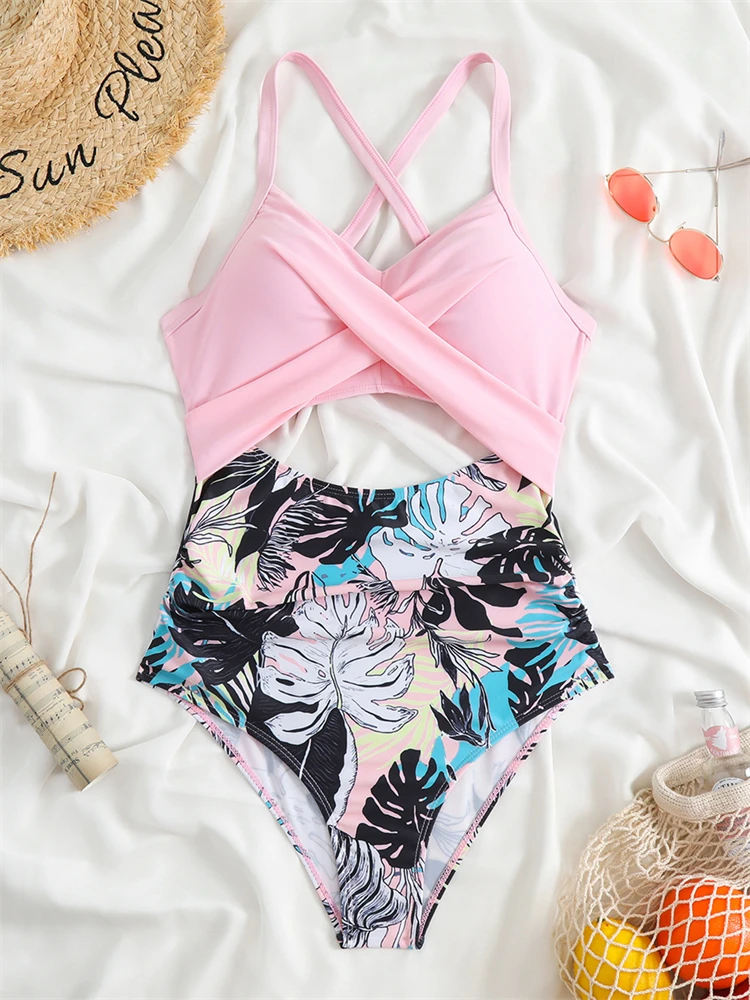 One Piece Women Swimsuit 2024 New Solid Print Sling Swimwear Hollow Out Sexy Bodysuit Monokini Summer Beach Bathing Suit Female