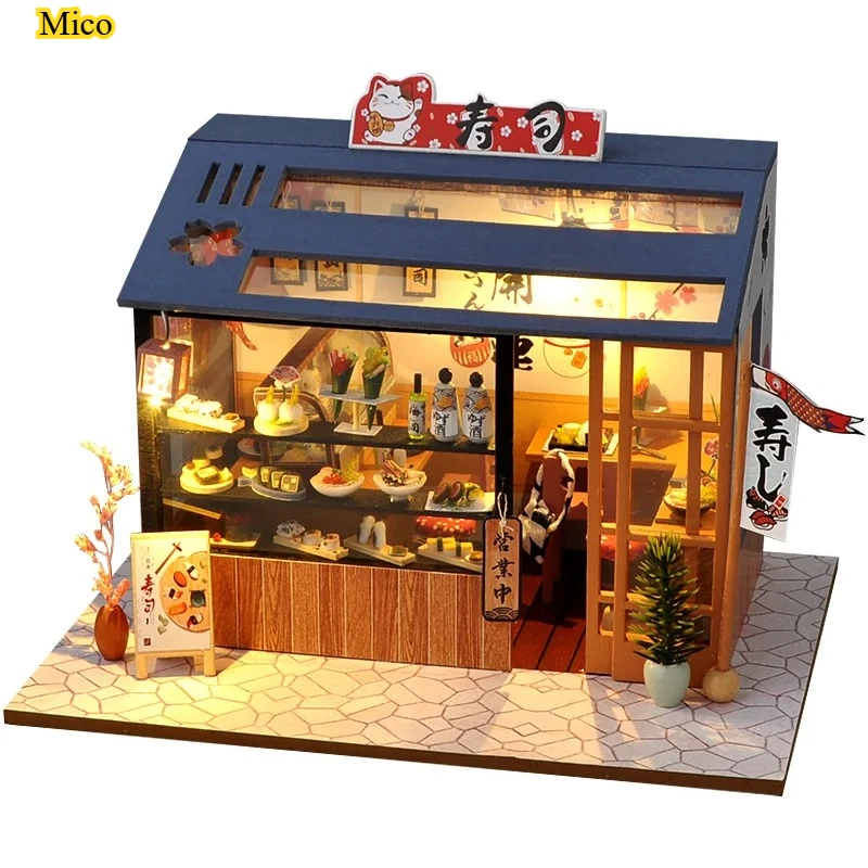 

Handmade Wooden Mini House Building Kit 3D Puzzle with LED Lighting Desktop Decorative Ornament