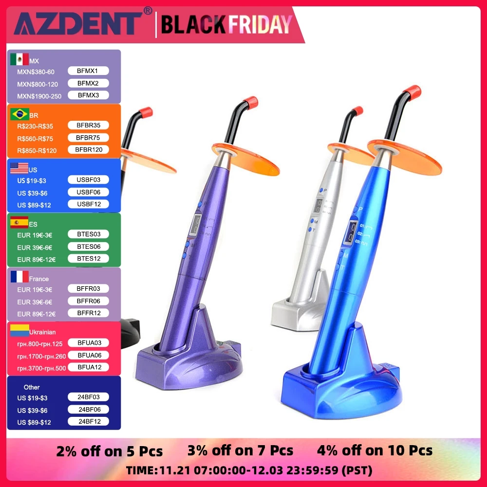 AZDENT Dental LED Curing Light Wireless Blue Ray Curing Lamp 5W≥1200mw/c㎡ Wavelength 440-480nm Solidify Dentists Instrument