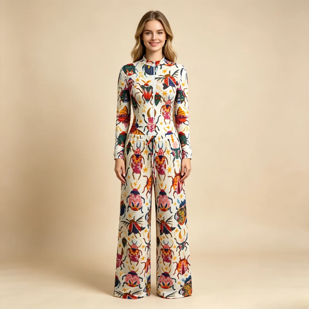 2026 Cute Beetle Print 2-Piece Swimwear Set Women Long Sleeve Mesh Zip-Up Bodysuit + Wide Leg Pants Cover Up Bohemian Beachwear