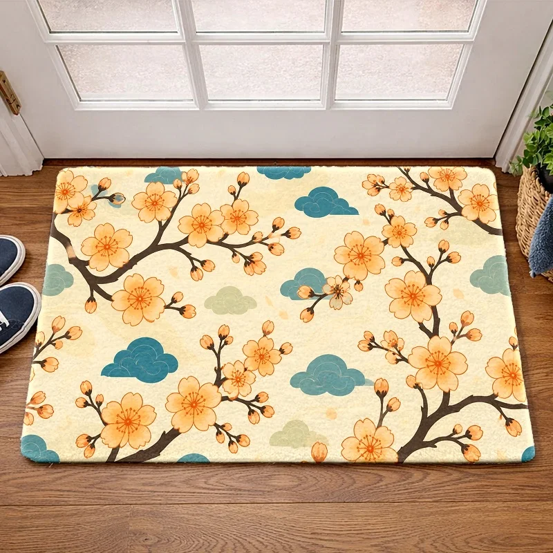 Classic Chinese Sakura Cloud Welcome Doormat Traditional Motif Non Slip Rug Warm Tone Entry Mat