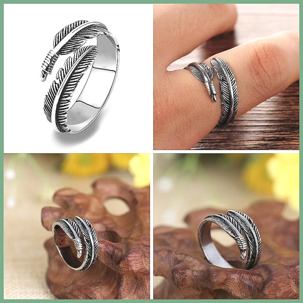 Vintage Feather Adjustable Ring for Men & Women, Gothic Silver Boho Couple Promise Ring, Wholesale