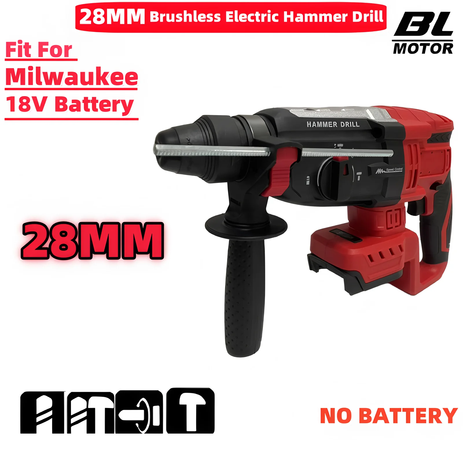 

28MM Brushless Electric Hammer Drill 4-Mode Multifunctional Rotary Cordless Rechargeable Power Tools Fit For Milwaukee Battery