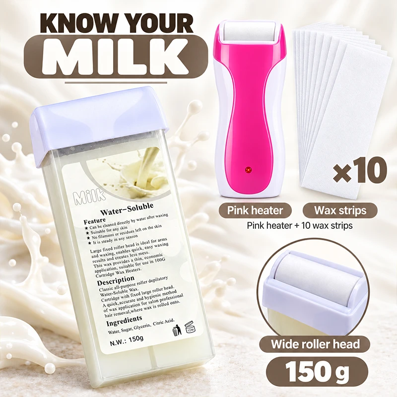 Leg and Arm Waxing Set 1 Milk Wax Cartridge 1 Roll On Wax Heater and 10 Wax Strips for At Home Hair Removal