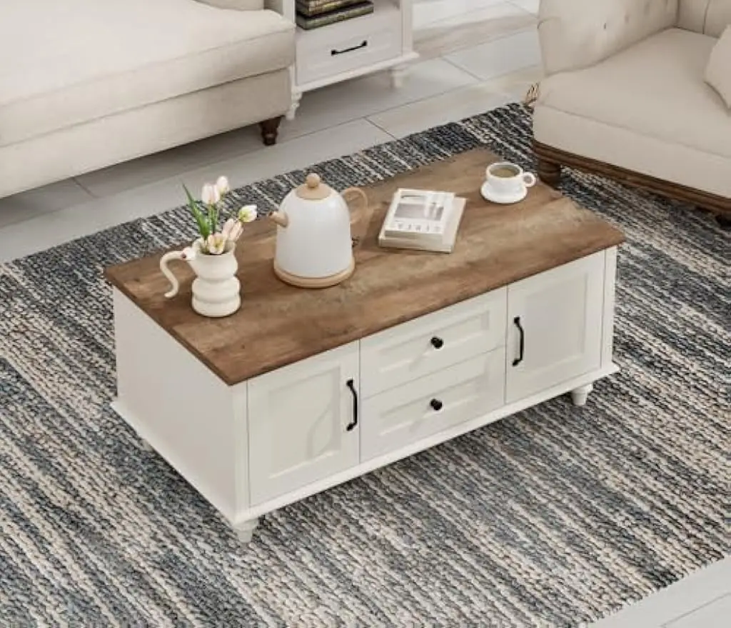 WAMPAT White Coffee Table with Drawers & Storage Cabinet, Modern Rectangle Center Table for Living Room, tea table