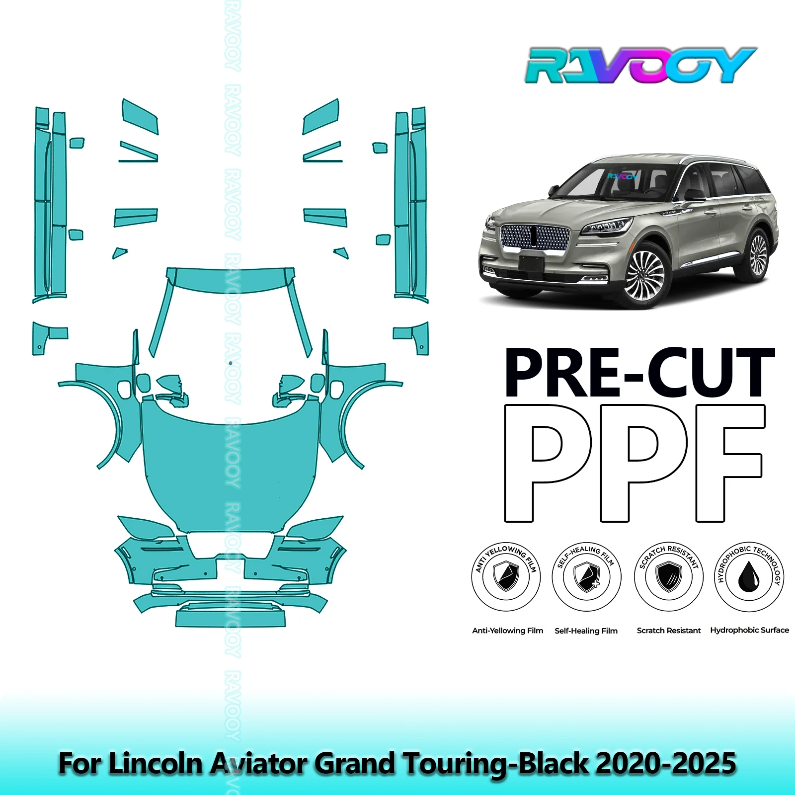 

8.5Mil Precut Paint Protection Film PPF Clear Bra Front Kit+Rockers For Lincoln Aviator Grand Touring-Black 2020-2025