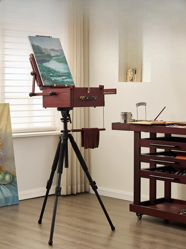 Professional Men's and Women's Beech Wood Oil Painting Stand Art Student Toolbox Lifting Portable Painting Box Set