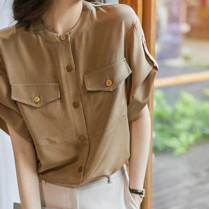 Single-breasted Safari Style Solid Pockets Casual Top Women Vintage Shirts Summer 2023 Patchwork Chiffon Basic Round Neck Blouse