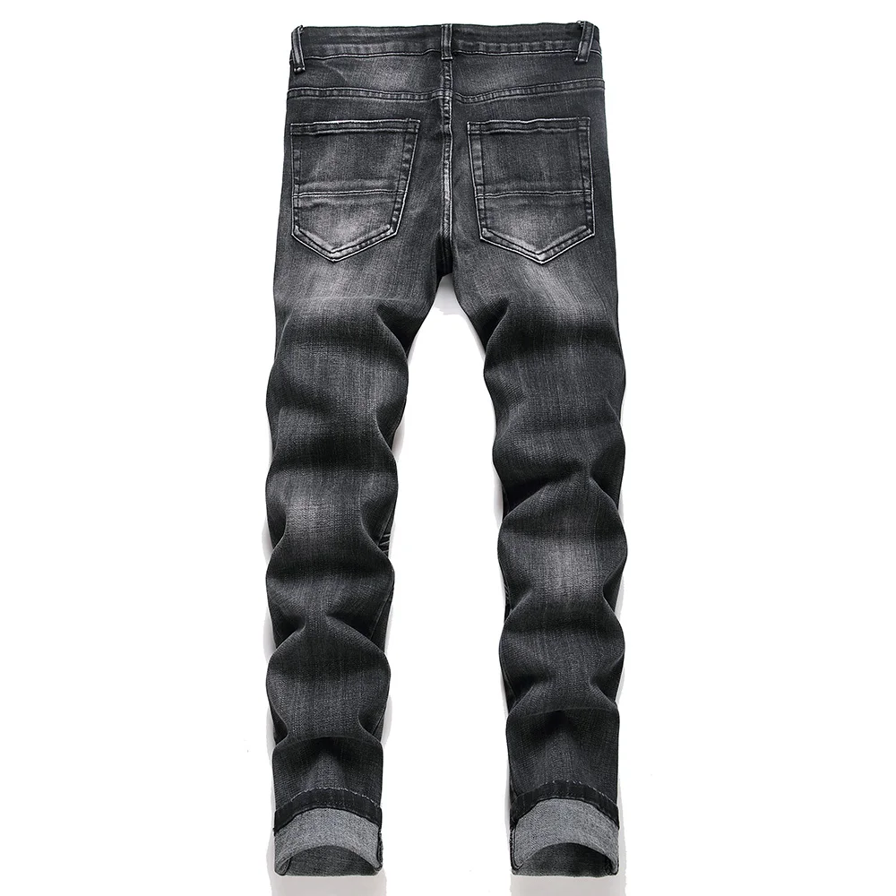 Men's Embossed Slim Tapered Jeans Flower Floral Pattern Stretch Pants Fashion Trousers Black Blue