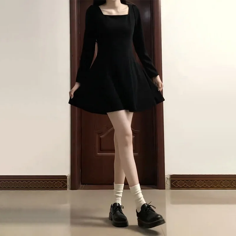 Black Square Collar Long Sleeve Dress Autumn Clothes Women2024New High-Grade Small Skirt