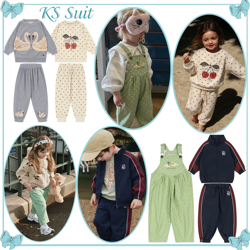 Childrens Sweatshirts Windbreaker Jacket Girl KS Winter 2026 Trench Coat Cartoon Cherrt Printed Boys Baby Sweat Pants Overalls