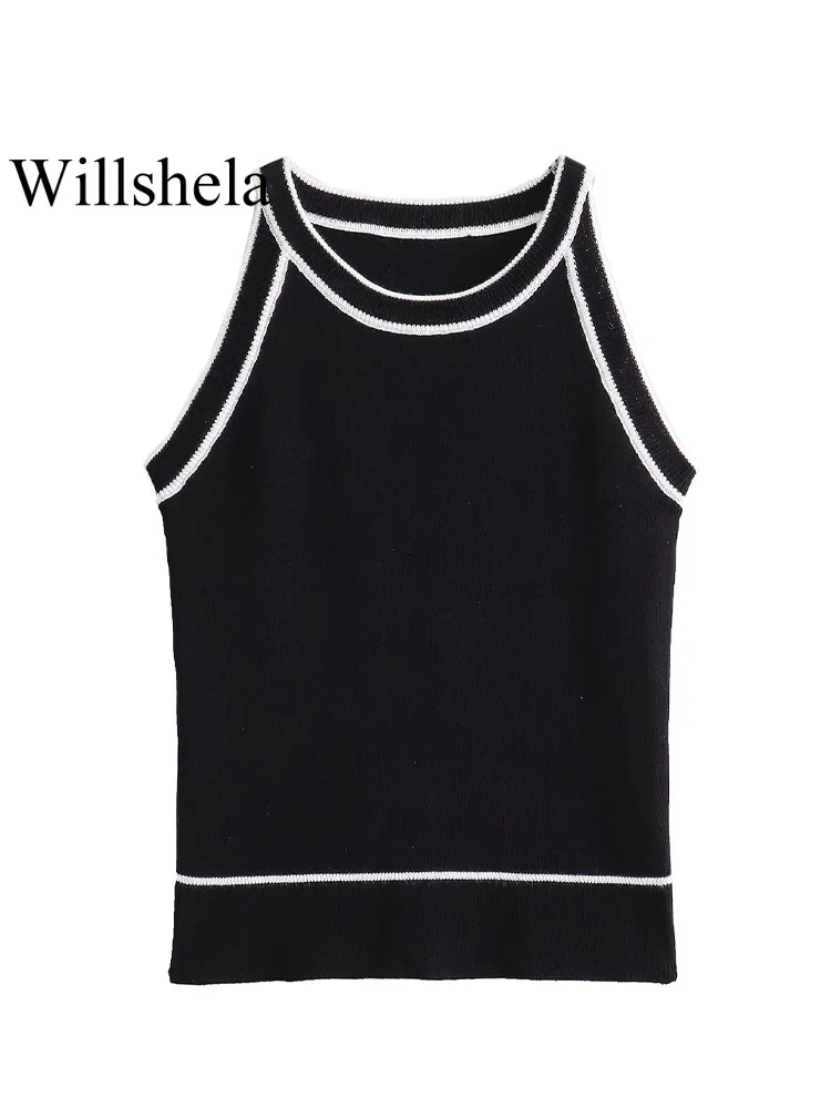 Willshela Women Fashion Black Knitted Sweater Vest Vintage O-Neck Sleeveless Female Chic Lady Tank Tops