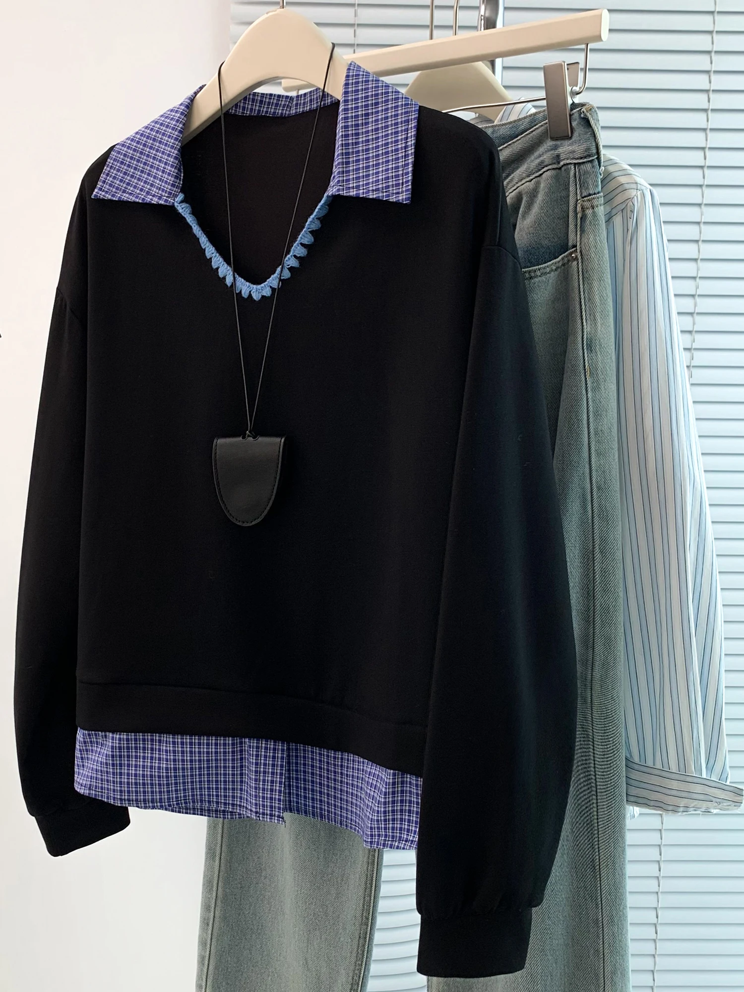 

Корейская японская высококачественная толстовка с длинным свеком, женская толстовка больших размеров, дизайн Sense Color Blo, искусственный топ из двух предметов, удобный дышащий