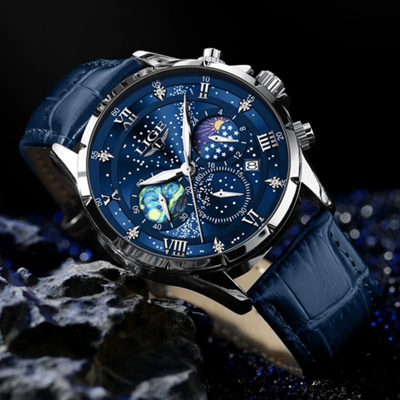 LIGE Luxury Leather Man Watch Quartz Calendar Waterproof Luminous Chronograph Mens Watch Moon Phase Outdoor Sports Men Watches