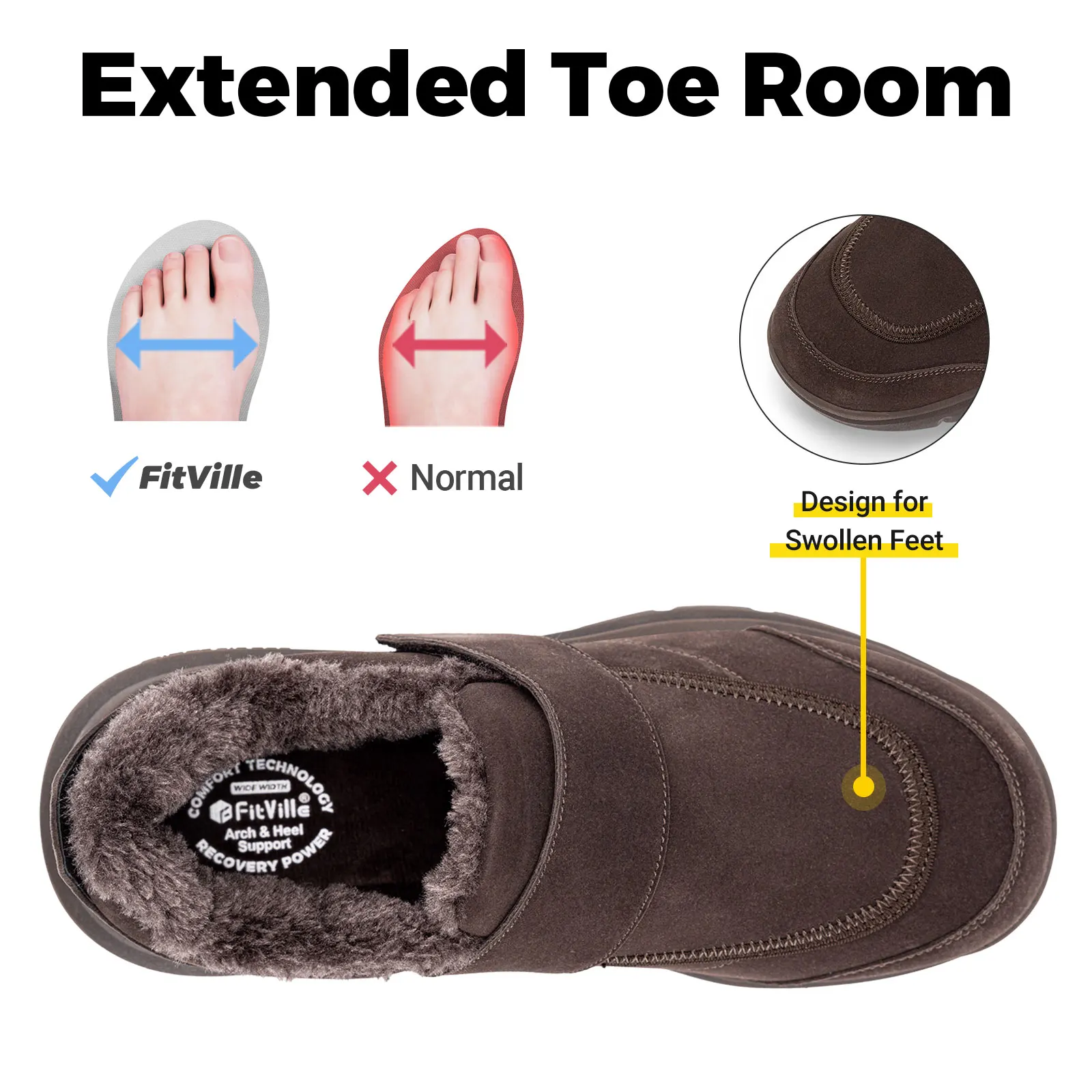 FitVille Men's Winter Cotton Shoes Wide Toe Casual Warm Plush Walking Shoes for Men Non Slip with Adjustable Strap Arch Support