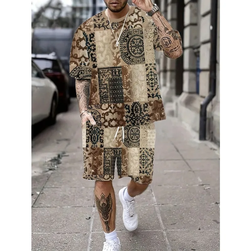 Summer 2025 3D Printed Gold Coin Grid Rainbow Color Block Fashionable Round Neck Short Sleeved T-shirt Shorts Set for Men