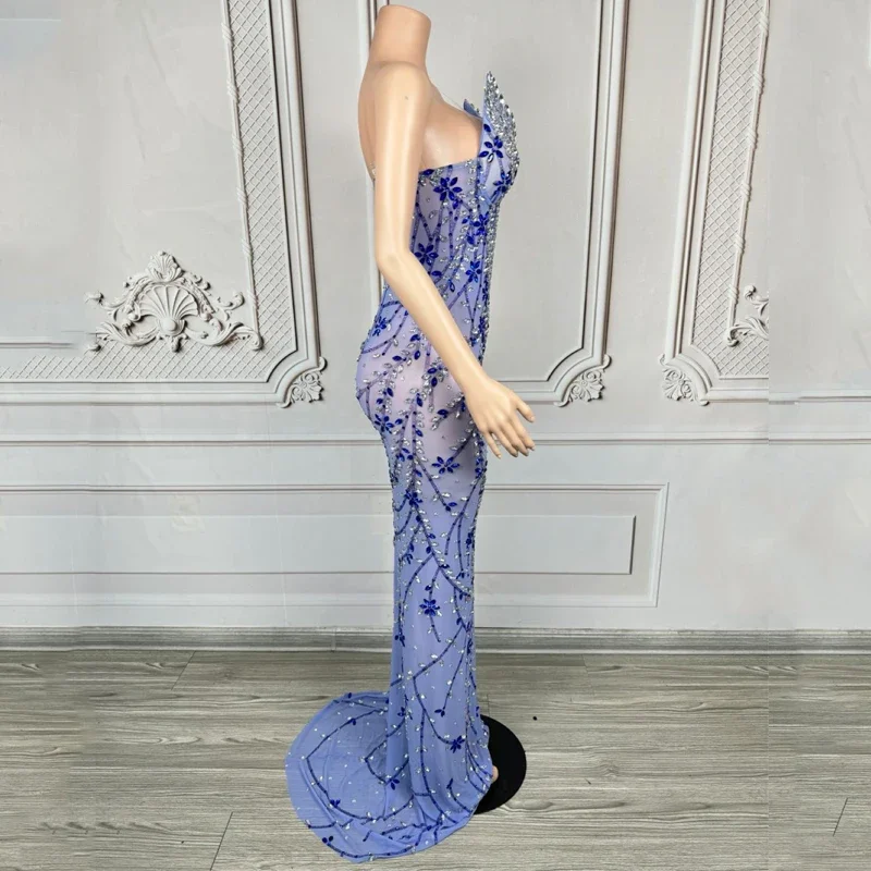 Vestido de cumpleaños con diamantes de imitación azules, vestido de boda para fiesta, disfraz de celebración para mujer, vestidos de noche, traje de pasarela para escenario