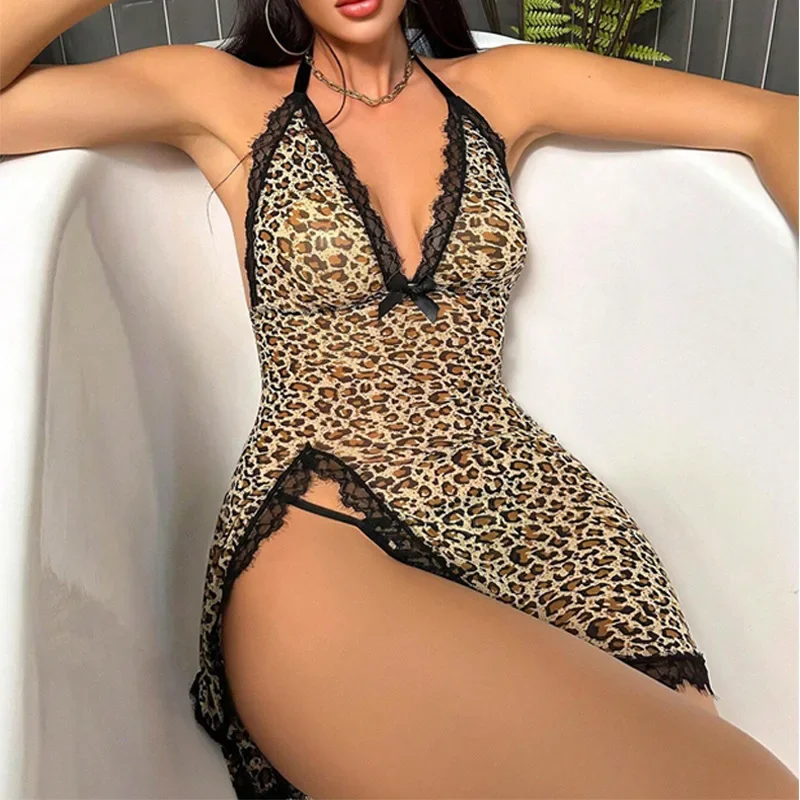 

Top Fashion Sexy Leopard Fun Night Dress Hollowed Out Lace Nightdress Women Nightgown Lingerie Dress Spaghetti Strap Sleep Dress