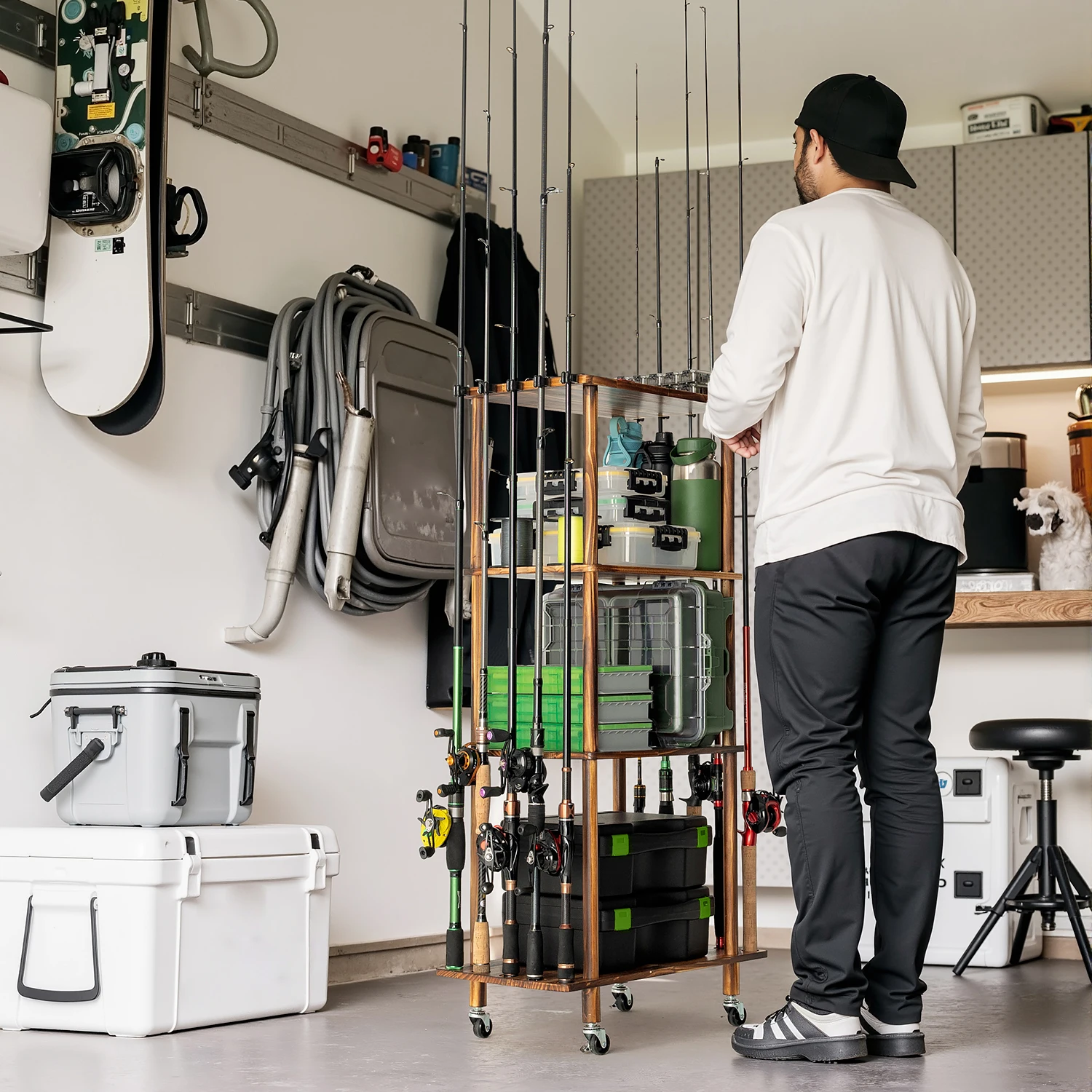 Cylindrical Floor Standing Fishing Rod Holder - Vertical Pole Rack for Tackle Storage