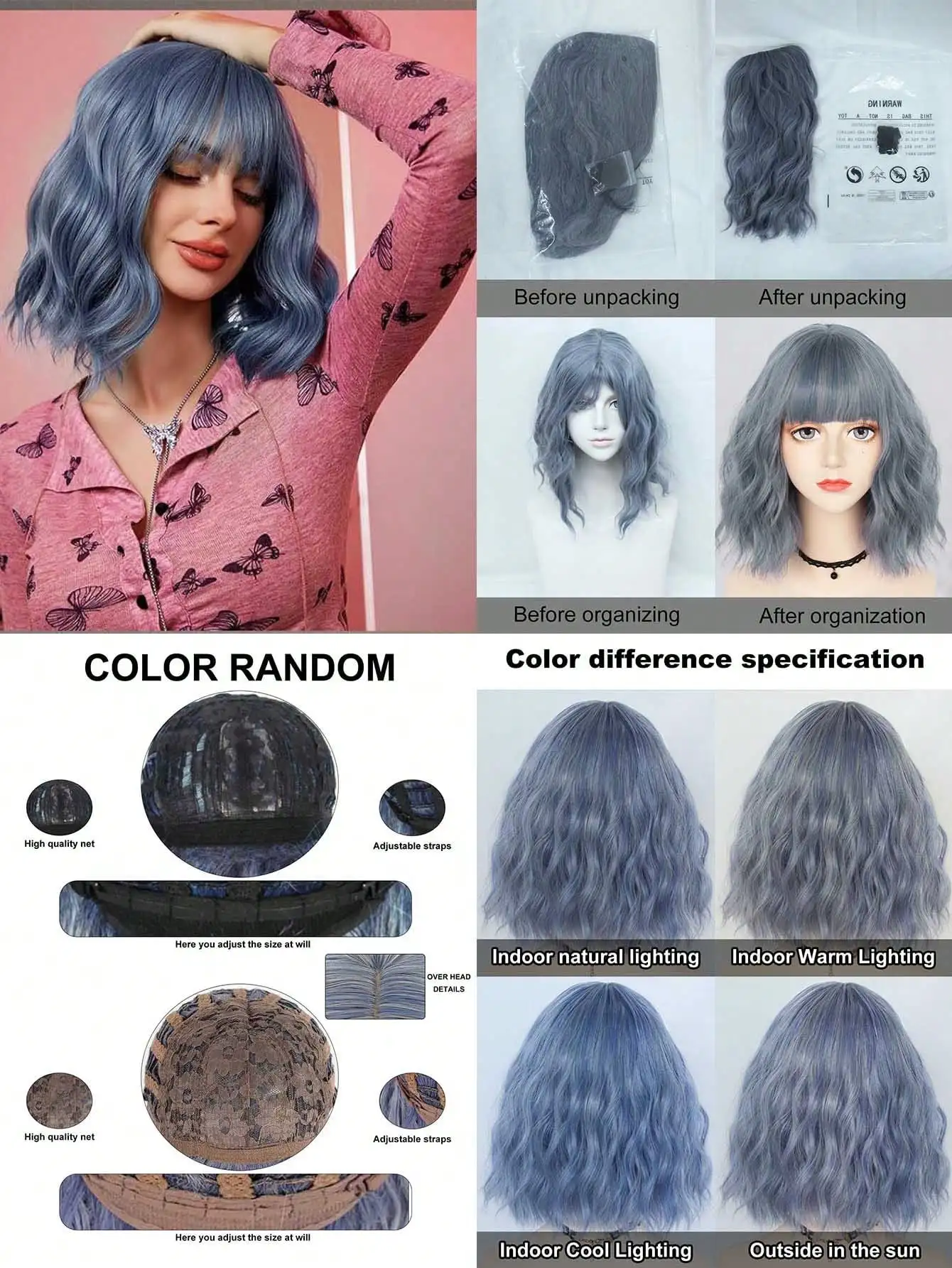 باروكات صناعية للنساء شعر مستعار قصير مموج ومجعد مع غرة بطول الكتف 14 بوصة، شعر مستعار صناعي مموج عصري