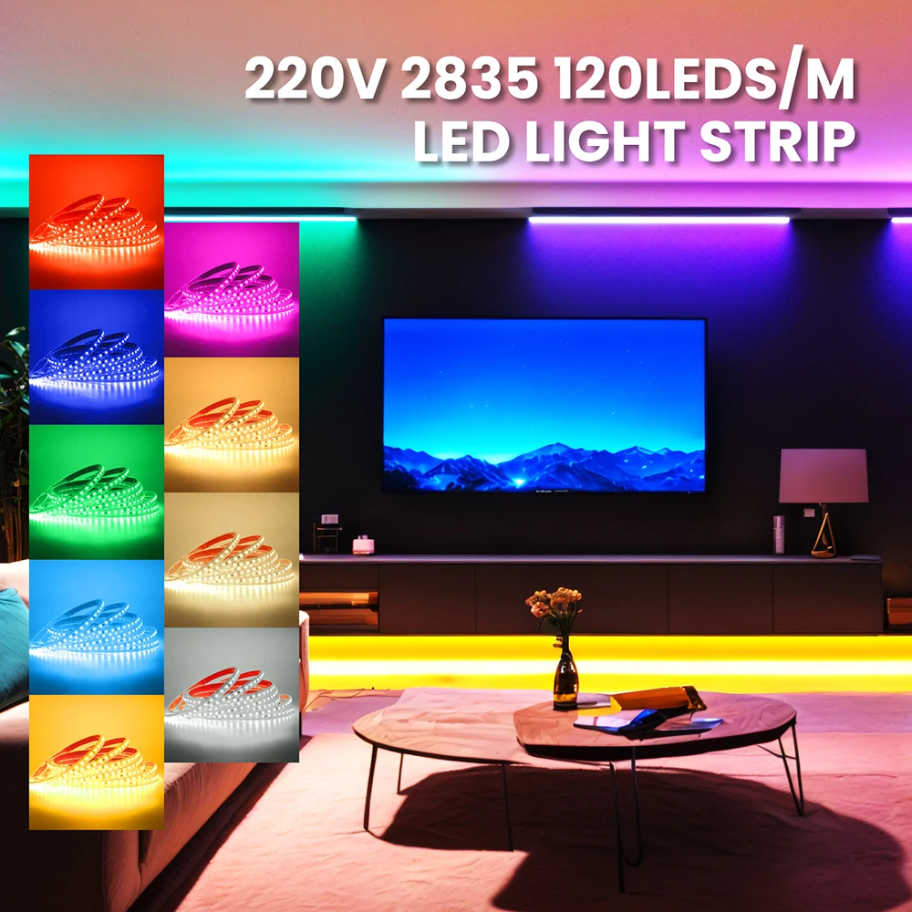 220V Switch LED Strip Light EU Power Waterproof 120LEDs/M Bright Ribbon Tape Red Blue Yellow Pink Warm White Flexible Home Decor