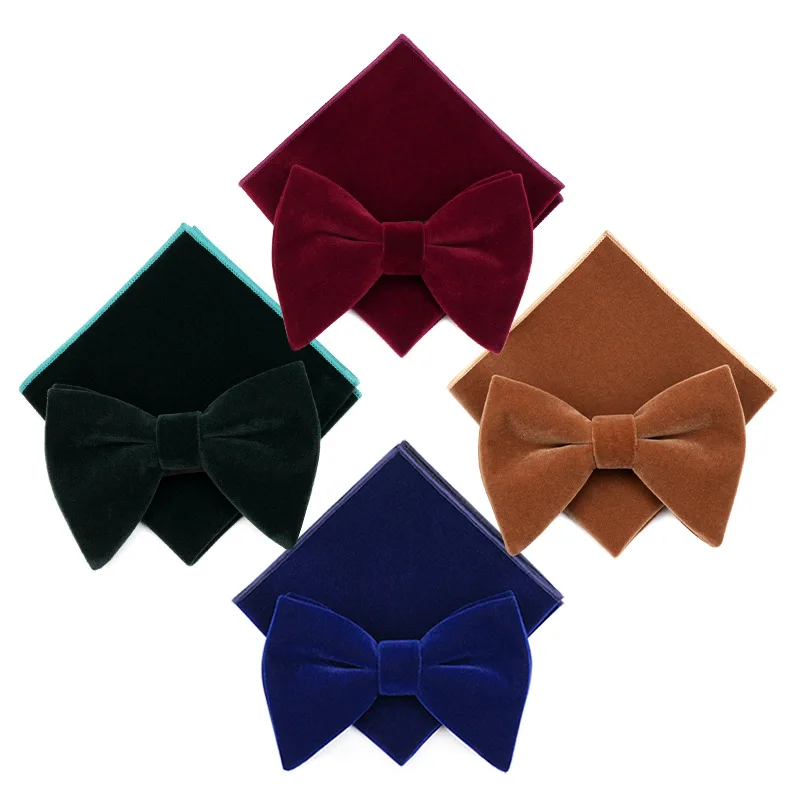 2pcs Neck Tie Set Solid Black Red Bow Ties Fashion Velvet Pocket Square Tuxedo Butterfly Accessories Stage Performance Bowknot
