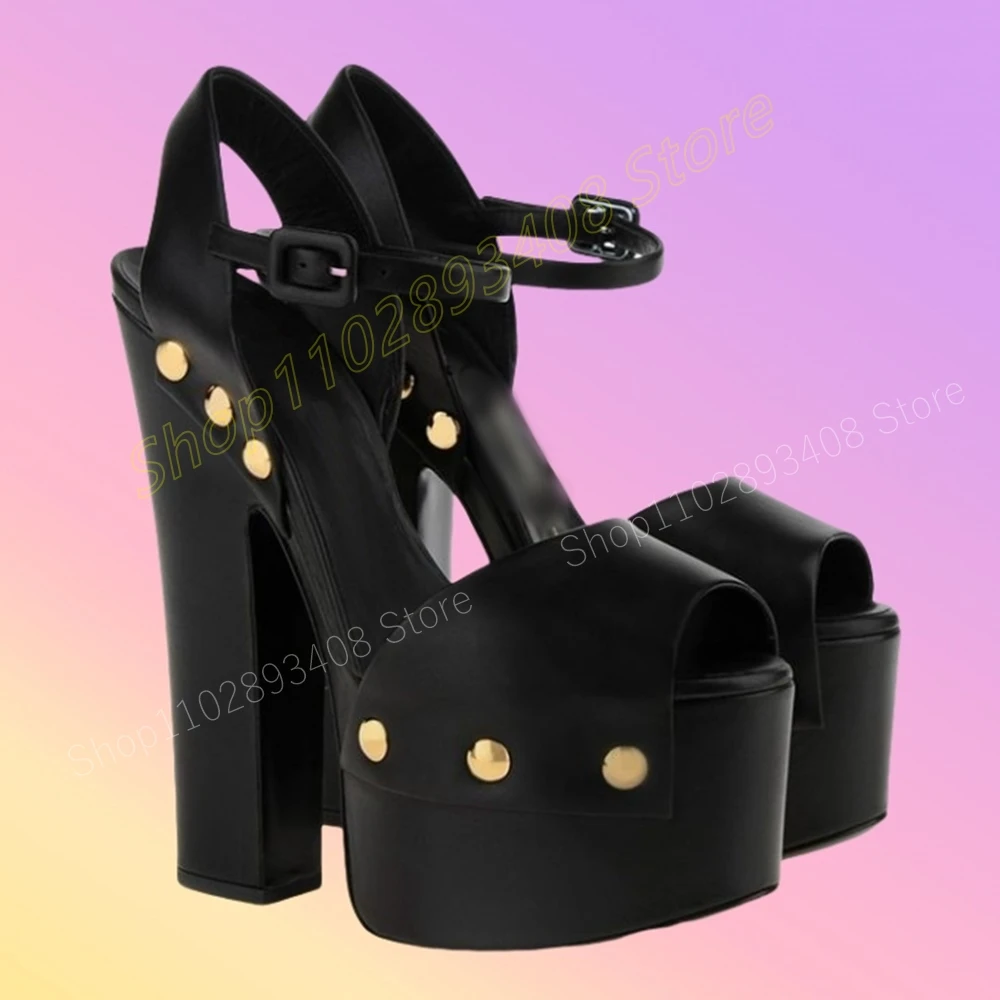 

Metal Round Rivets Platform Sandals Black Leather Chunky High Heel Ankle Buckle Strap Sexy Women Shoes 2024 Zapatos Para Mujere