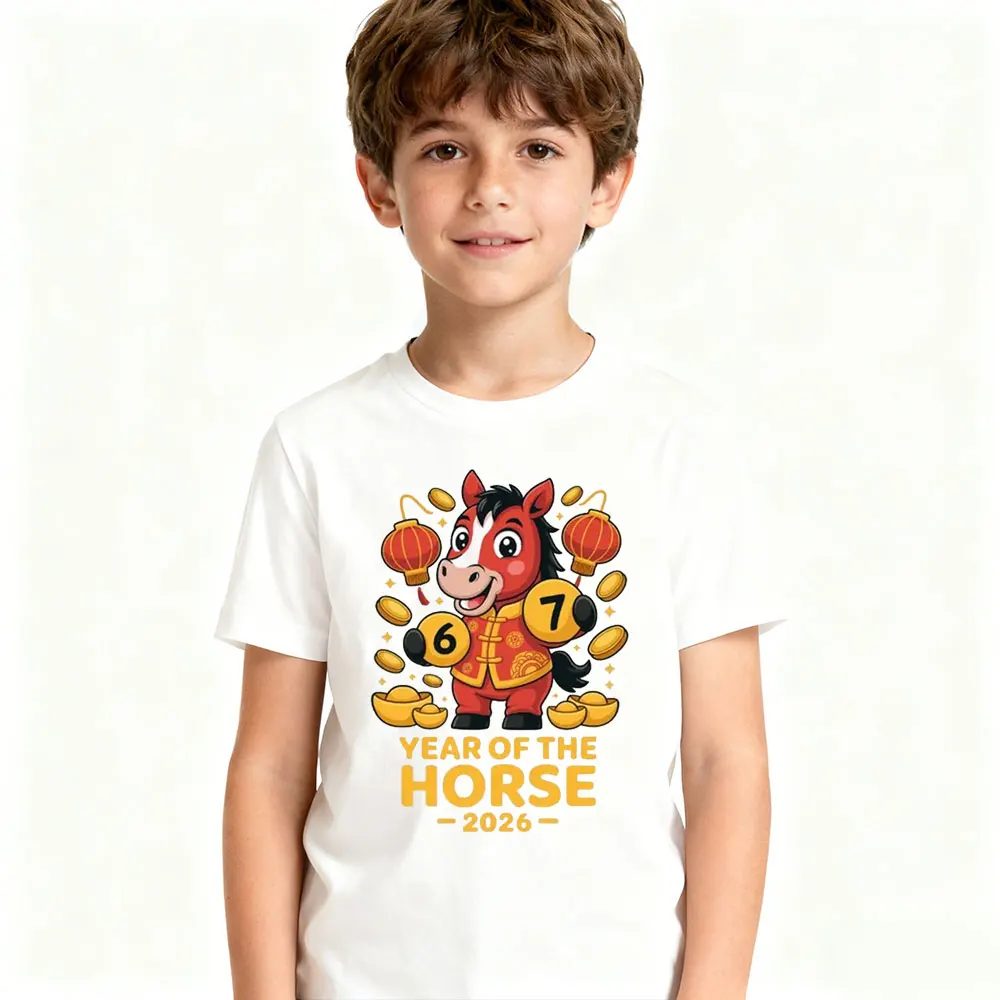Year of The Horse 2026 Cute Kids Tshirt Zodiac Horse Shirt Lunar New Year Boy Girl T-Shirt Lucky Coins and Lanterns Printed Tee