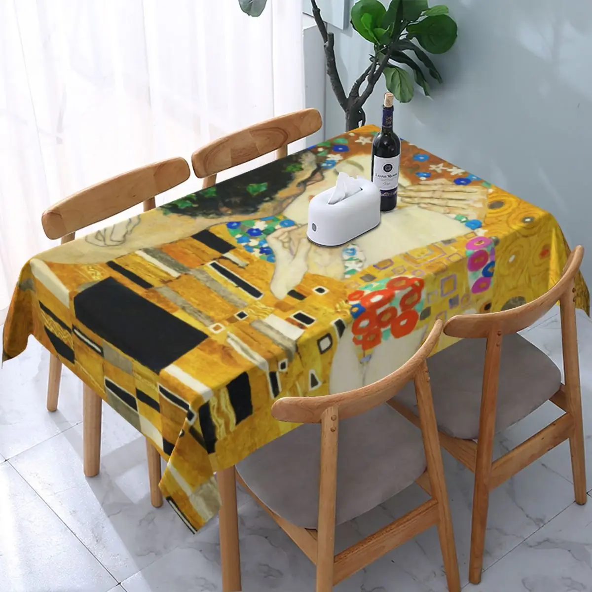 Rectangular Waterproof Klimt Kiss Table Cover Elastic Gustav Klimt Freyas Art Table Cloth Backed Edge Tablecloth for Picnic