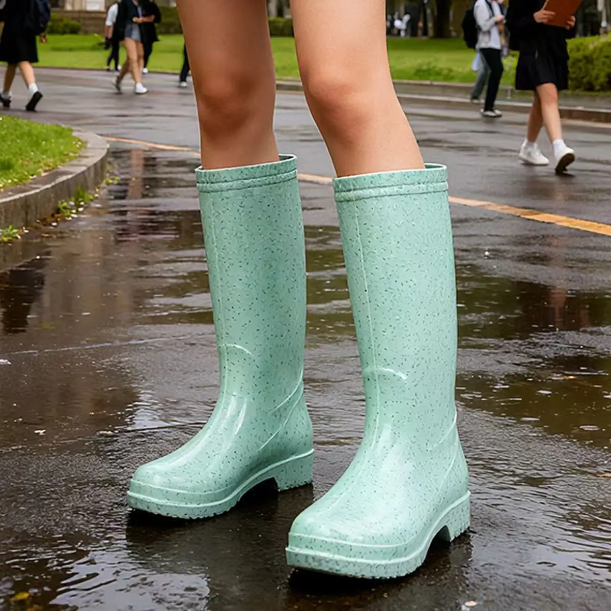 

Женские резиновые сапоги с высоким берцем на блочном каблуке, четыре сезона, новая водонепроницаемая уличная рабочая обувь с круглым носком и толстой подошвой на низком каблуке длиной до икры