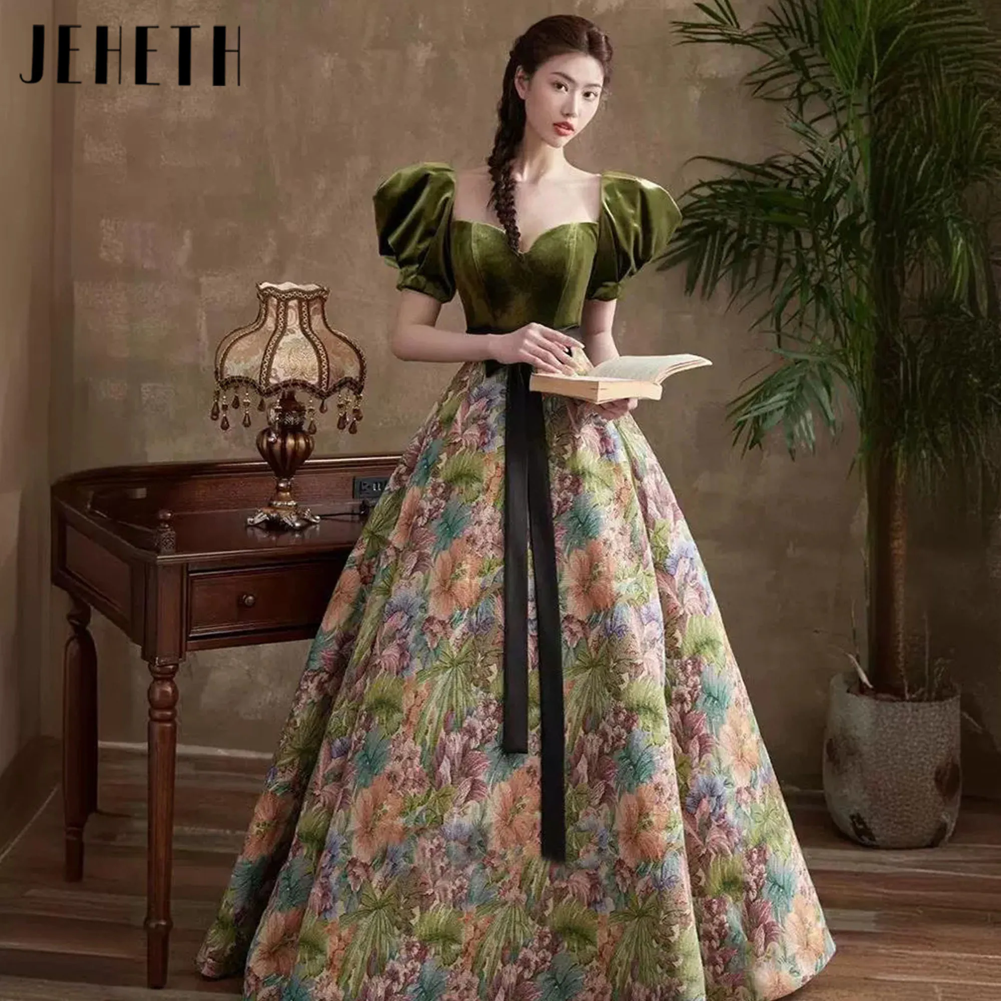 

French Bubble Sleeve Evening Dress Elegant Print Flower Prom Party Gowns Vintage Formal Occasion A-Line Evening Dress for Women