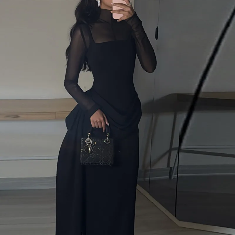 Stylish Lady Mesh See Long Sleeve Splicing Dress Elegant Evening Gown Women\'s 2026 New Luxury Boutique Club Party Dresses