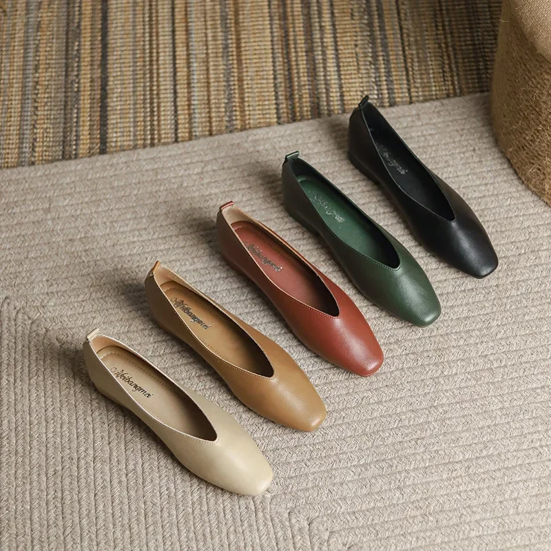 Genuine Leather Multi-color Low-heeled women's Shoes 2025 Round Toe Flat Bottom Shallow Cut Single Shoe Casual Versatile Loafers